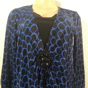 Notations Petite Round neck Women Sz PL Blouse 3/4 Sleeve Pattern Black/Blue C1
